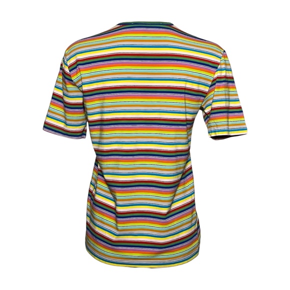 Katharine Hamnett Denim Vibrant Rainbow Striped V-Neck Short Sleeve T-Shirt sz L - Picture 2 of 8